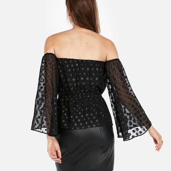 NWT Express Sheer Metallic Dot Off The Shoulder Cold Shoulder Black Top Blouse - Picture 2 of 4